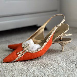 Dolce & Gabbana, Orange Canvas, Snakeskin Slingback Heels